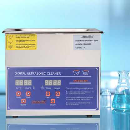 Labasics Ultrasoon Reiniger, Professionele All-purpose RVS Ultrasoon Reiniger met Digitale Display Timer en Warmteregeling voor Laboratorium 220V, 3.2 L