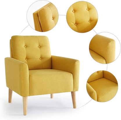 Meerveil Fauteuil bank, massief houten poten, moderne badstoel voor slaapkamer, woonkamer, balkon, kantoor, 72 x 72 x 81 cm, geel