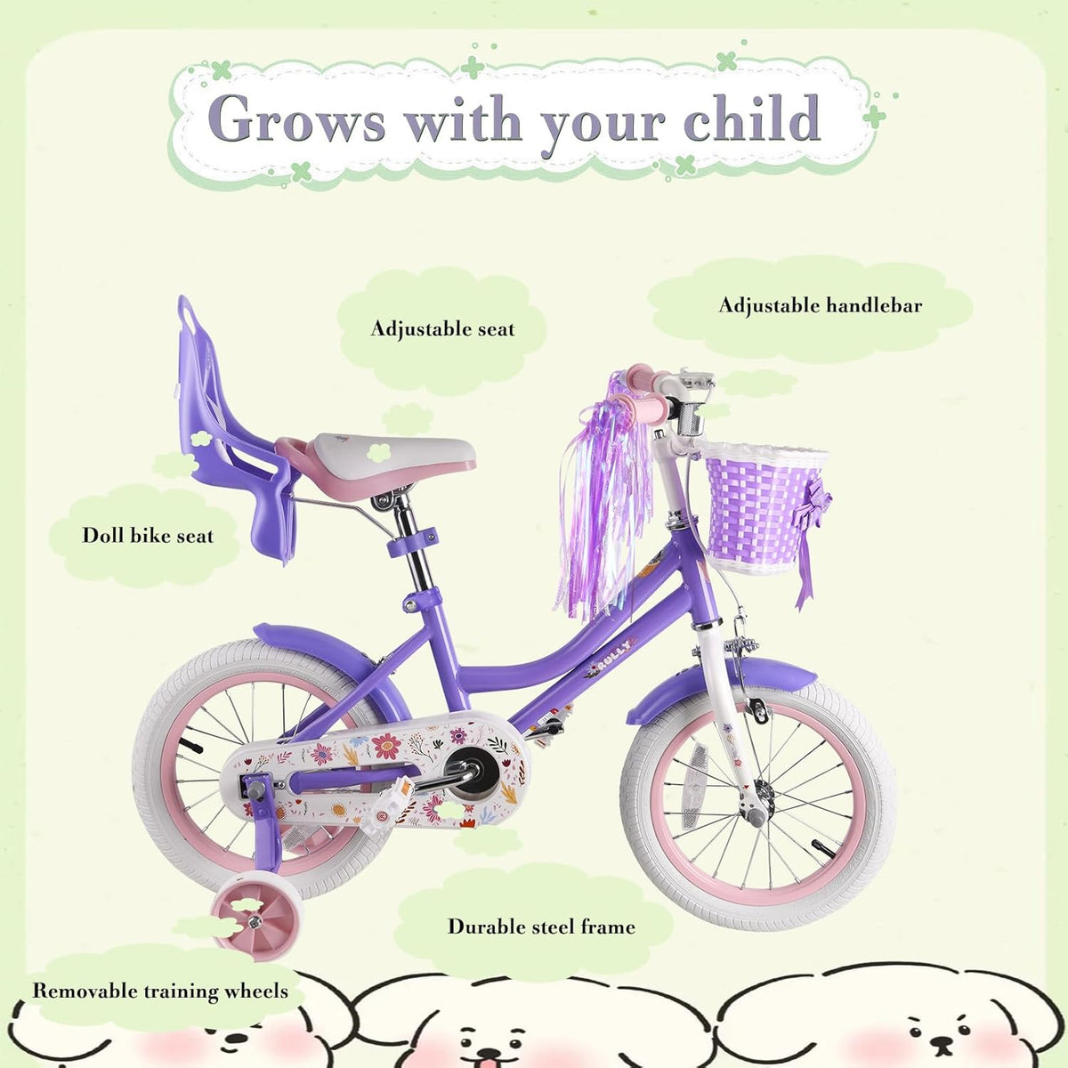 RULLY Daisy Kinderfiets voor meisjes van 3, 4, 5 jaar, met steunwielen en mand, paars