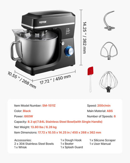 VEVOR Keukenmachine, deegmixer, 1400 W, 7,84 l, keukenmachine met kantelbare kop, roestvrijstalen kom, deeghaak, garde, schraper, huishoudelijke keukenmachine voor bakken en mixen, zwart