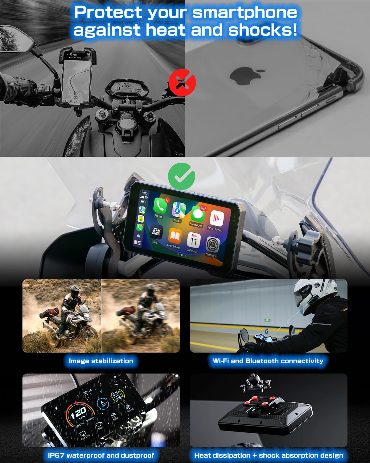 CHIGEE AIO-5 Lite Auto GPS navigatiesysteem motorfiets Carplay BSD Starvis HDR 5 inch LCD 60 fps 5G Wi-Fi BT IP67 waterdicht 24H parkeermodus app