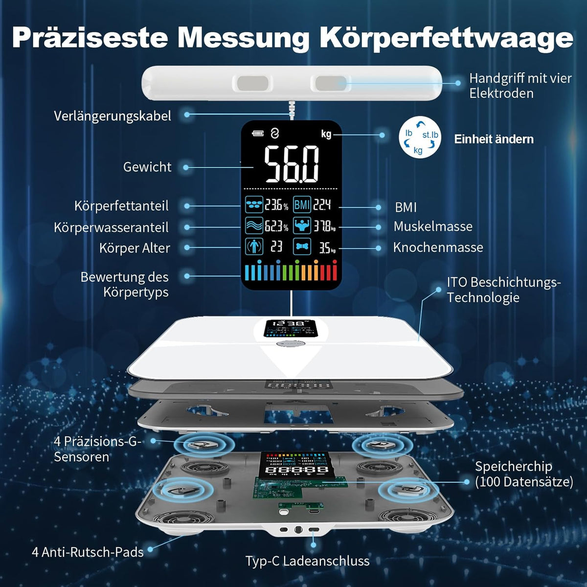 Lichaamsvetweegschaal Met Handgreep – Slimme Personenweegschaal – BMI-Weegschaal – Badkamerweegschaal – Lichaamssamenstellingsweegschaal – 8 Elektroden – Tot 24 Gebruikersprofielen