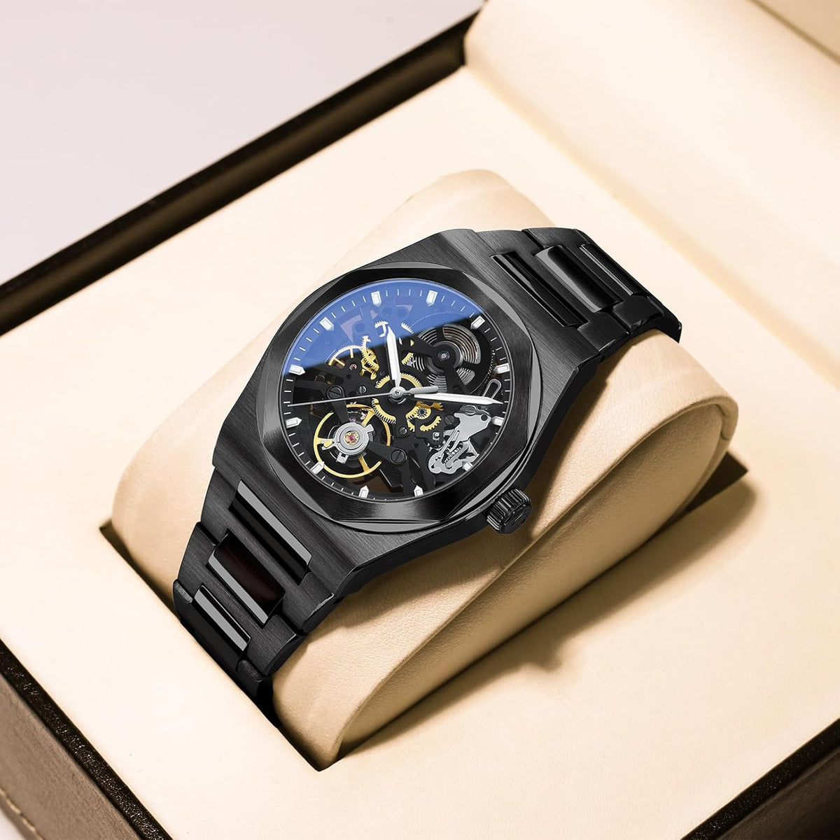 Automatisch herenhorloge, skelet, automatisch uurwerk, precisie (38,5 mm), van 316L staal, waterdicht 10 ATM, krasbestendig saffierglas
