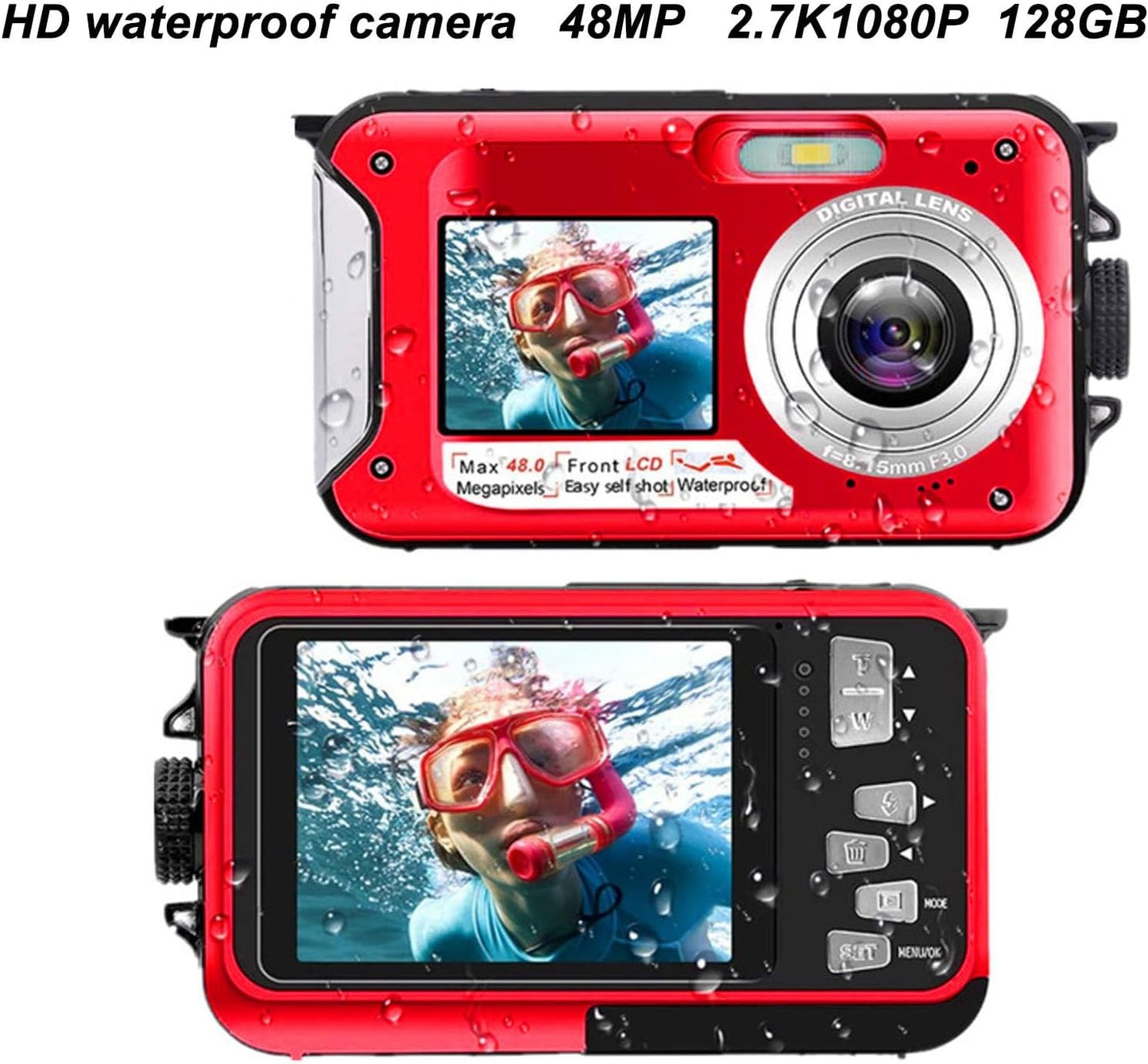 Onderwatercamera, 2,7 K 48MP 10ft Waterdichte Digitale Camera, 16X Digitale Zoom, Dubbele Scherm Selfie Onderwatercamera voor Snorkelen (rood)