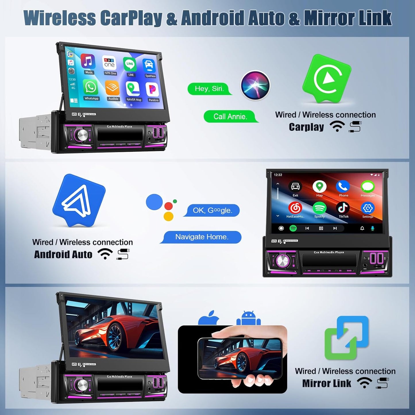 OiLiehu 2+64G Android 13 Autoradio 1 Din met Draadloze CarPlay Android Auto 7" IPS Handmatig Uitklappend met Beeldscherm GPS WiFi Bluetooth Mirror Link FM RDS SWC USB EQ AUX TF-Port