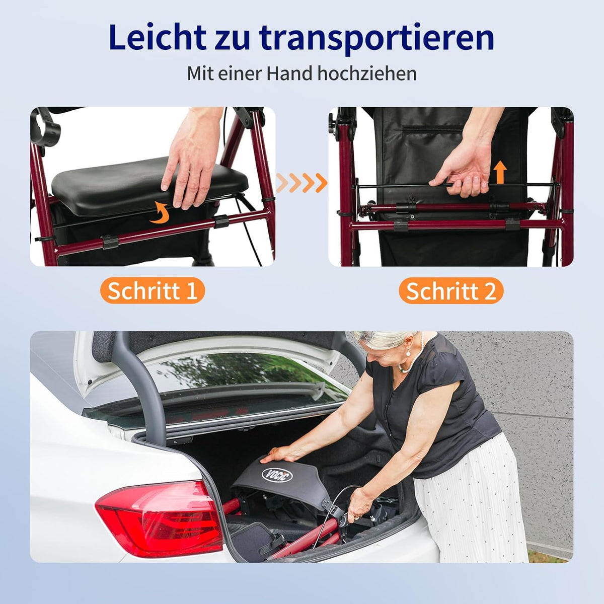 VOCIC Rollator, opvouwbaar en licht, met zitje, rollatoren voor senioren, inklapbaar, met 20 cm banden voor alle terreinen, zitje en handgreep, in hoogte verstelbaar, groen