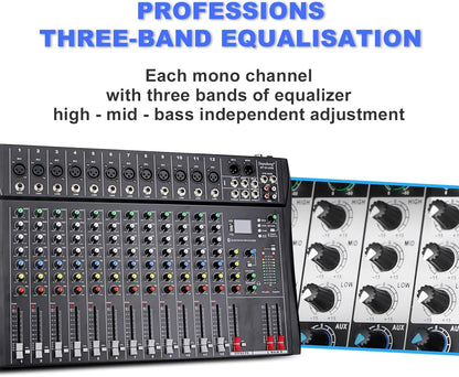 12-Kanaals Audiomixer – Mengpaneel – DJ-Mixer – Mengtafel – Muziekmixer – Bluetooth Draadloos Streamen – +48V Fantoomvoeding