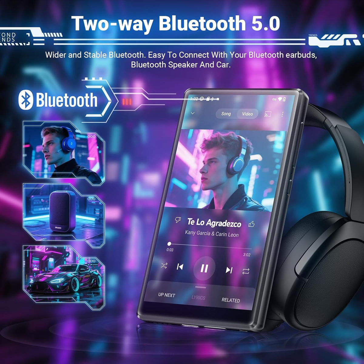 MECHEN 256GB MP3 Player Spotify with Bluetooth WiFi, Android 13 & WLAN Streaming, 5-Inch IPS Screen 1080P, Audible Deezer Amazon Music Pre-Installed - QUORE