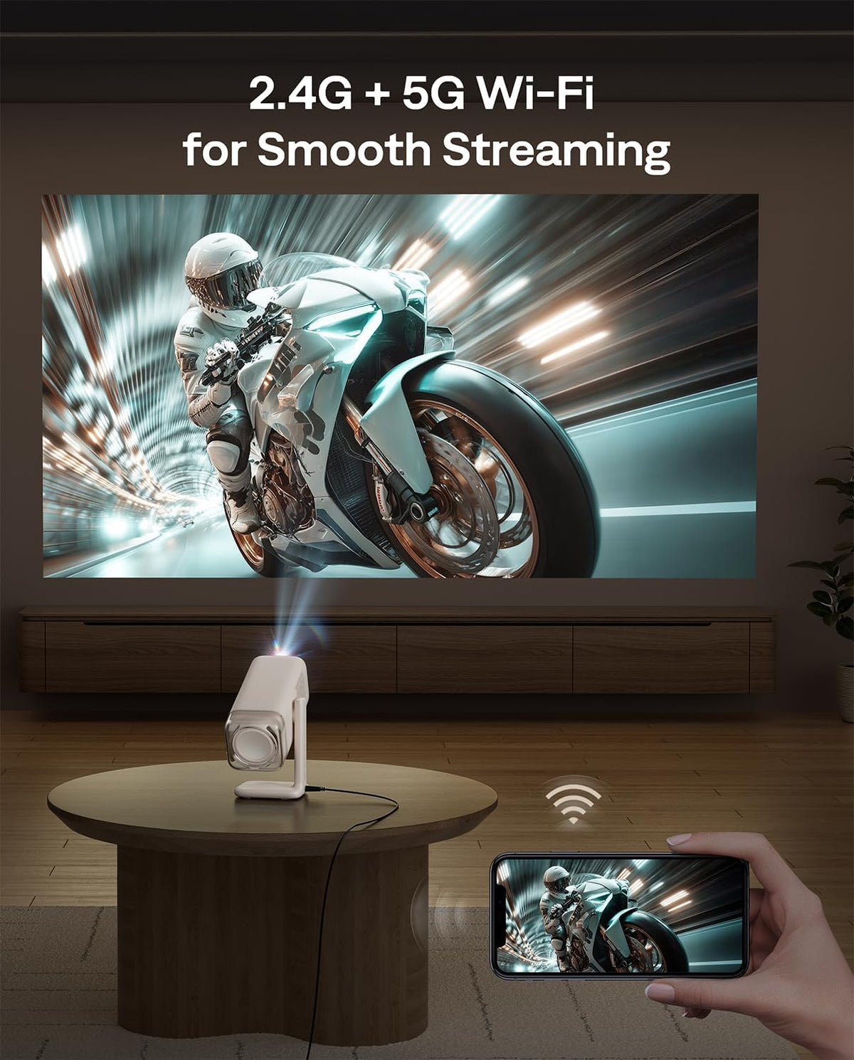 Aurzen BOOM Air Google TV Smart Projector met wifi en Bluetooth, draagbare projector voor buiten- en thuisfilm, 4K-ondersteund, verstelbare standaard, USB-C-voeding, real-time focus, Dolby Audio