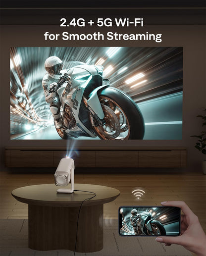 Aurzen BOOM Air Google TV Smart Projector met wifi en Bluetooth, draagbare projector voor buiten- en thuisfilm, 4K-ondersteund, verstelbare standaard, USB-C-voeding, real-time focus, Dolby Audio