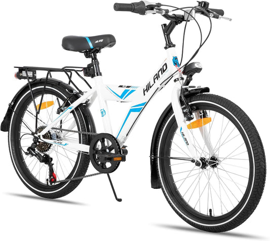 Hiland Mountainbike, 16/18/20 inch, voor jongens en meisjes vanaf 4, 5, 6, 7, 8, 9 jaar, lichte bagagedrager, steunwielen/standaard, zwart/wit
