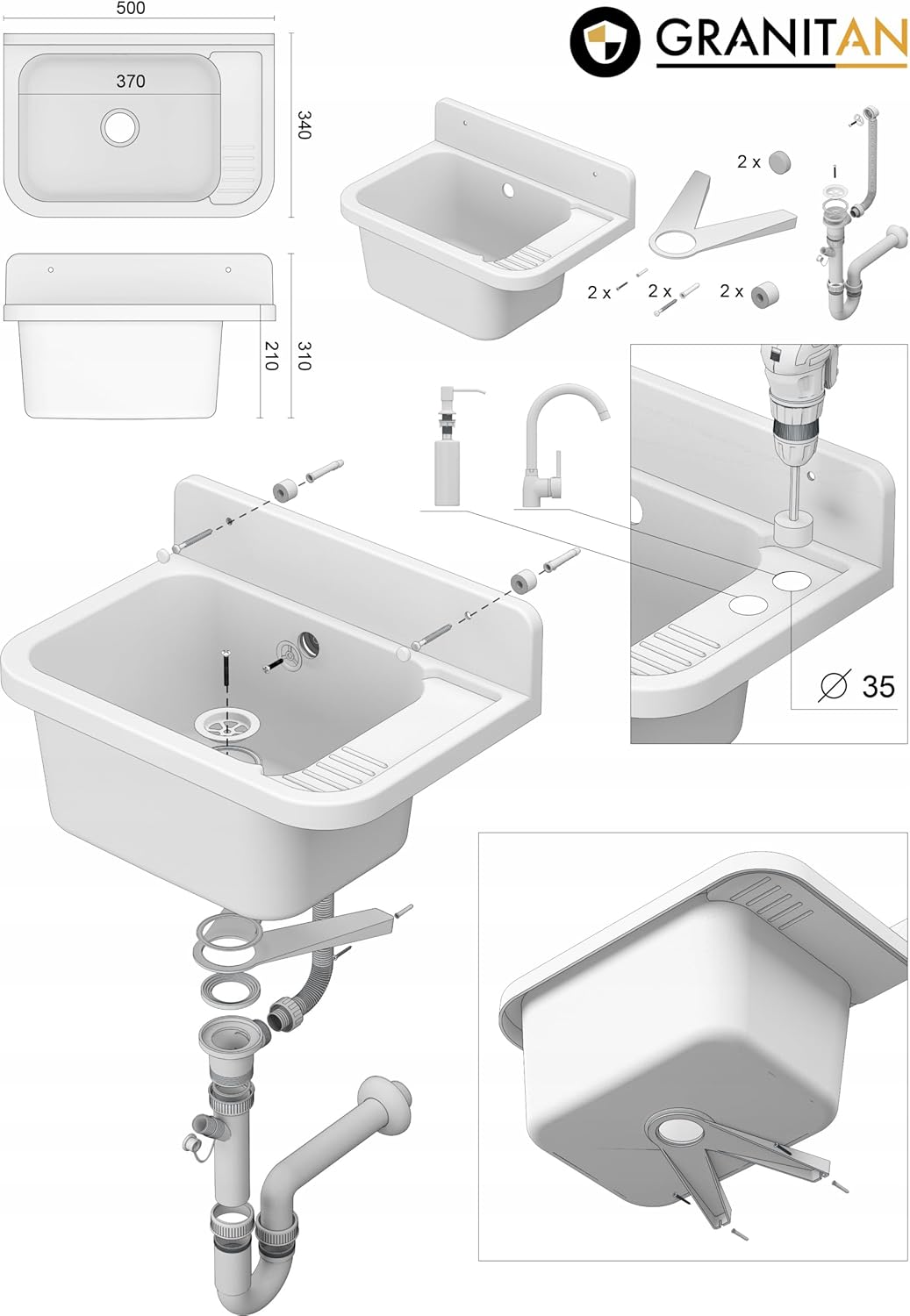 Granitan Gootsteen voor garage, kelder, werkplaats en waskeuken, universele wastafel met sifon, wastafel, wandmontage, 50 x 34 x 31 cm (zwart + wastafelarmatuur FLEX)