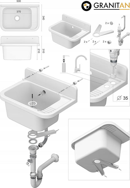 Granitan Gootsteen voor garage, kelder, werkplaats en waskeuken, universele wastafel met sifon, wastafel, wandmontage, 50 x 34 x 31 cm (zwart + wastafelarmatuur FLEX)