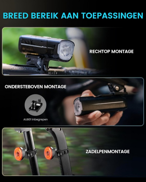 Fietslamp - Fietslicht - Fietsverlichting Set - Oplaadbaar - met 1500 Lm Koplamp - Smart Achterlicht - 5 Helderheidsniveaus - USB-C - voor Road - Mountain - Urban Fietsen - Strap Mount - IPX7-Waterdicht - Zwart en Rood