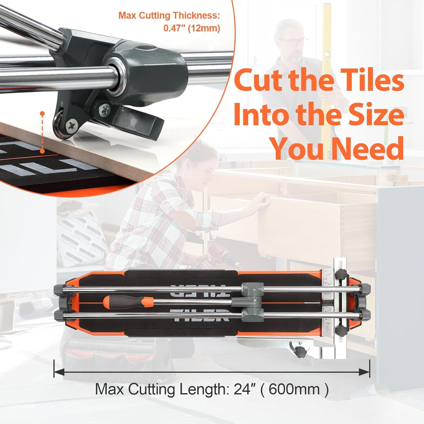 TILER 630 mm Tegelsnijder Handmatig, 25 inch Professionele Machine met Wolfraamcarbide Snijwiel,Basis en Antislip Steunen, Precieze Tegelsnijder voor Keramiek & Porselein, DIY & Vakmensen