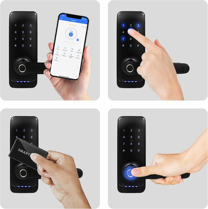 EURA ELH-01H4 Smart deurslot met handgreep, codeslot, 13,56 MHz nabijheidslezer, biometrische lezer, app TTLock/TTHotel, IP65, universele vergrendelafstand, zwart