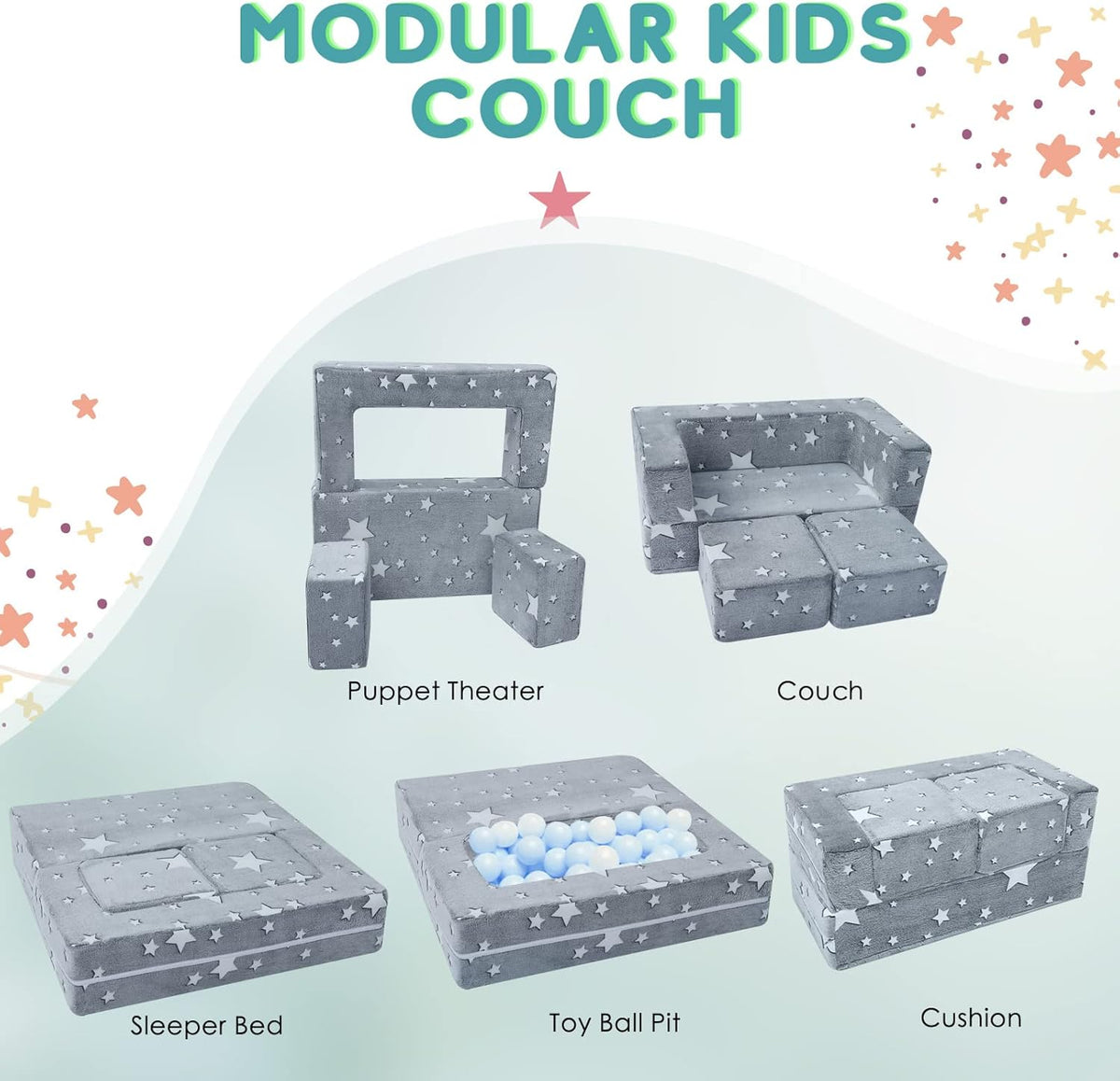 MeMoreCool Kindersofabed, Modulaire Peuterbank, Oplichtende Sterren Kinderstoel Lounger Opklapbaar, Baby Mini Bank Slaapkamermeubilair voor Speelkamer, Grijze Ster