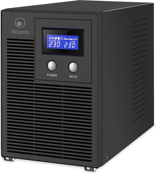 Atlantis A03-HP4003P Ononderbroken sinusgolf 3000 VA, 2100 W, Line-interactive, LCD-display, USB-HID-aansluiting, 6 IEC-uitgangen, 4 12 V-7 Ah batterijen, RS232 seriële poort, SNMP-slot, softwa