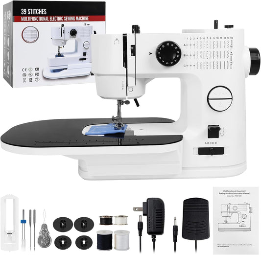 Qoosea Naaimachine voor beginners met aanschuiftafel, 39 steken, kleine naaimachine voor kinderen, draagbare mini-naaimachine met ledlicht, draagbare elektrische naaimachine, huishouden, voor