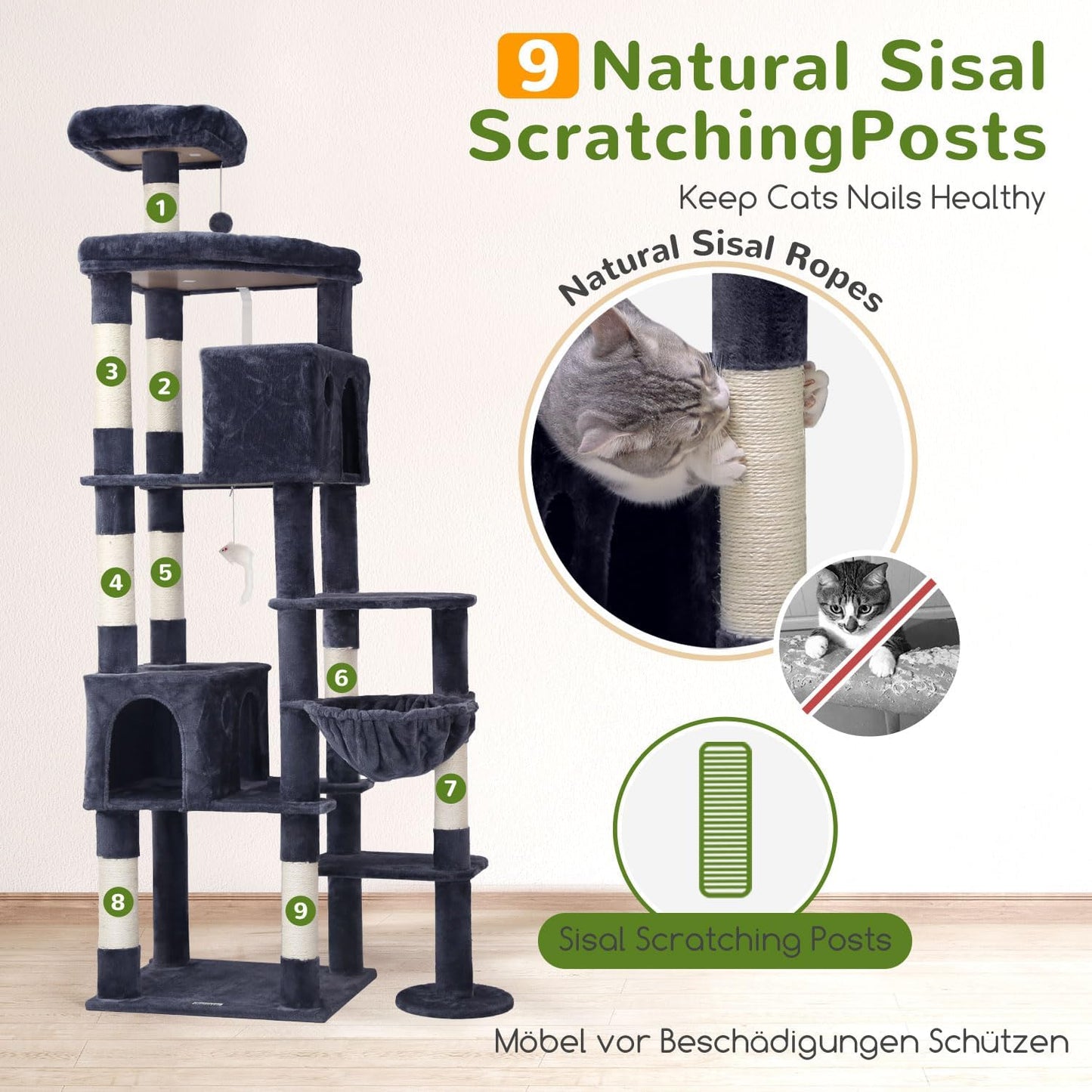 Krabpaal – Kattentoren – Krabmeubel – Kattenboom – XXL Krabpaal – 213 cm Hoog – Donkergrijs – 2 Grote Kattenhuisjes – Sisal Krabpalen – Stabiel En Luxe
