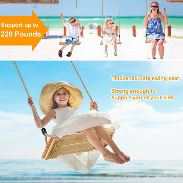 Schommelzitje - Schommels - Kinderschommel - Schommelplankje - voor Binnen Buiten - In Hoogte Verstelbaar Touw - Belastbaar tot 100kg - Hout - 45 x 19.5 cm - Beige