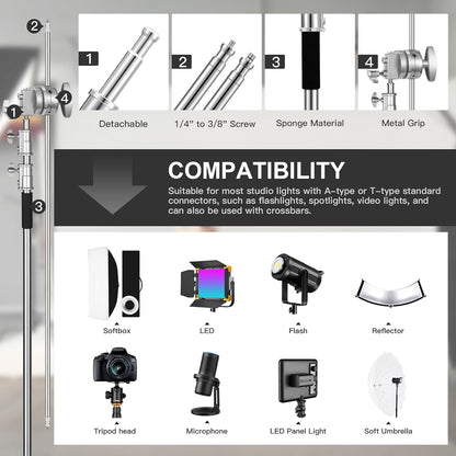 Soonpho Set van 2 C-statieven, heavy-duty staal, C-standaard van roestvrij staal, zilver, 330 cm, verstelbare lichtstandaard voor Studio softbox reflector, lichtstatief voor Godox AD200 Pro SK400II