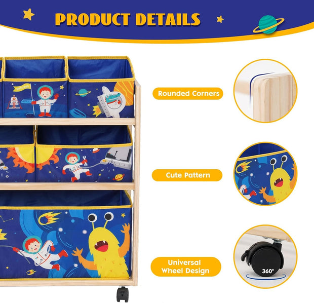 Opbergkast - Speelgoed Opbergbank - Kinderkast - 3-Tier Houten Opbergrek - 6 Afneembare Opbergbakken - met Wielen - Toy Storage - voor Binnen - Speelkamer - 64 x 28 x 60 cm - Blauw