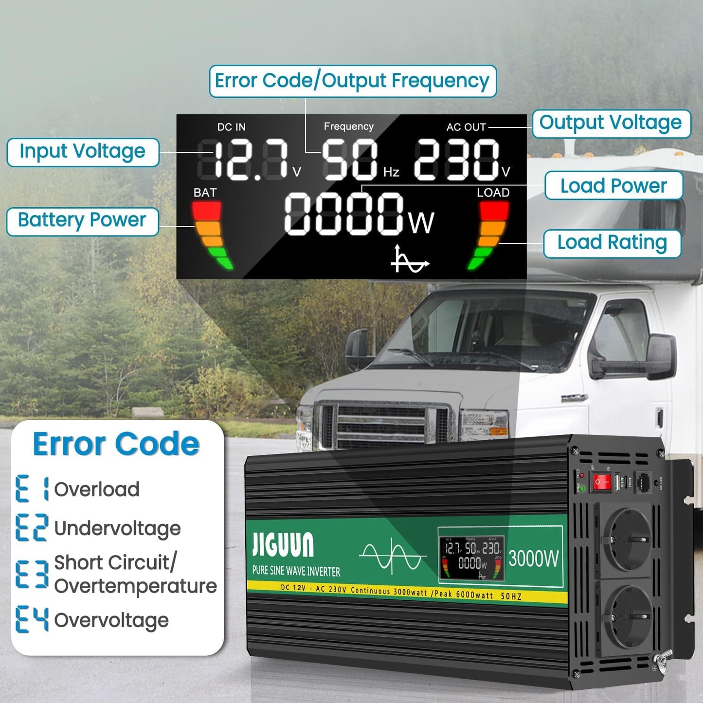JIGUUN 3000W/6000W omvormer 12v naar 230v zuivere sinus Converter power inverter met afstandsbediening LCD-scherm 2 Eu-stopcontact & 1 USB-poort voor auto, camping, reizen,noodgeval