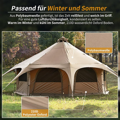 TOMOUNT Tipitent, katoenen tent voor 6-8 personen, canvas, piramide, joertent, grote gezinnen, glamping, tent voor kamperen, hiking, festival, feesten, bruiloft, muziekfeest
