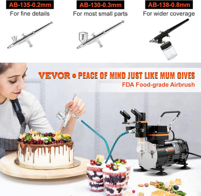 VEVOR Professionele airbrush-compressor, complete airbrush-set, dubbel, airbrush-pistool, 0,2/0,3/0,8 mm, hoge doorstroming, koffer, decoratie, gebak, tattoo, nagels, make-up, schilderen