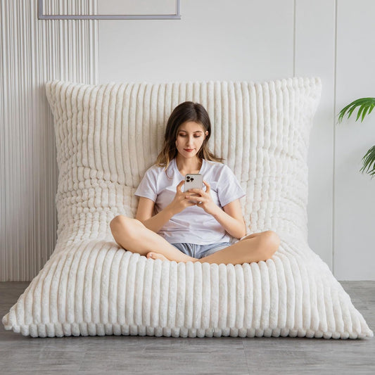 MAXYOYO Huge Bean Bag Bed, Square Bean Bag Chair, Large Faux Fur Sofa and Fluffy Filling for Adults Couples Guests (Corduroy Beige,135x190cm)