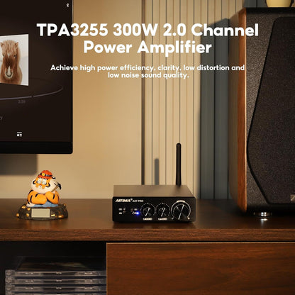 AIYIMA A07PRO TPA3255 Mini Versterker 2.0/2.1Kanaal Audio Amp 300Wx2 Klasse D Hi-Fi Stereo Geïntegreerde Versterkers Bluetooth 5.2 ondersteuning aptx Desktop versterker met Treble en Bass Control
