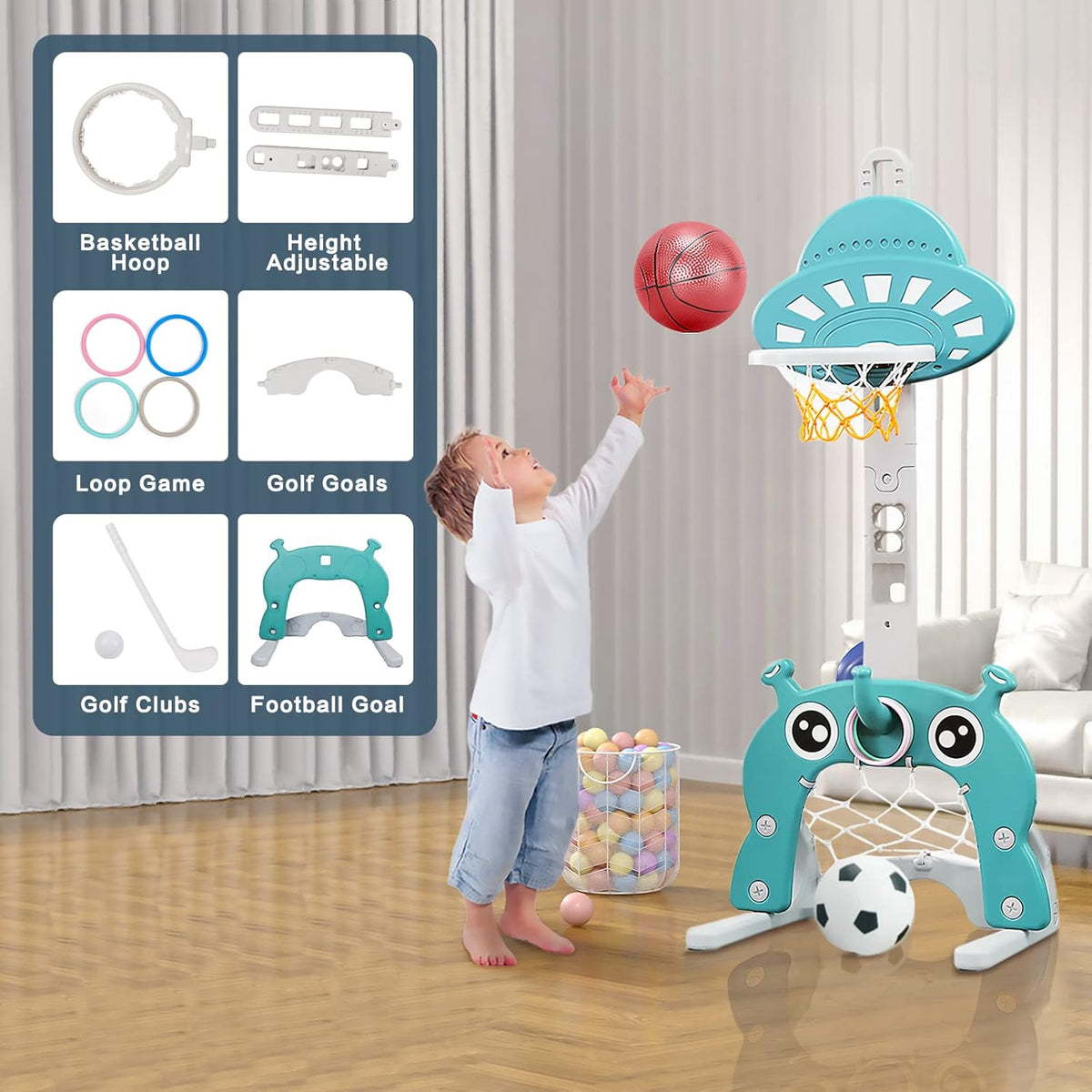 4-in-1 Basketbalstandaarden - Basketbalpaal - Basketbalring - voor Kinderen - Peuters - In Hoogte Verstelbaar - Voetbaldoel Ring - Golf - voor Binnen - Buiten - Sportspeelgoed - Cadeaus - 152 cm - Groen