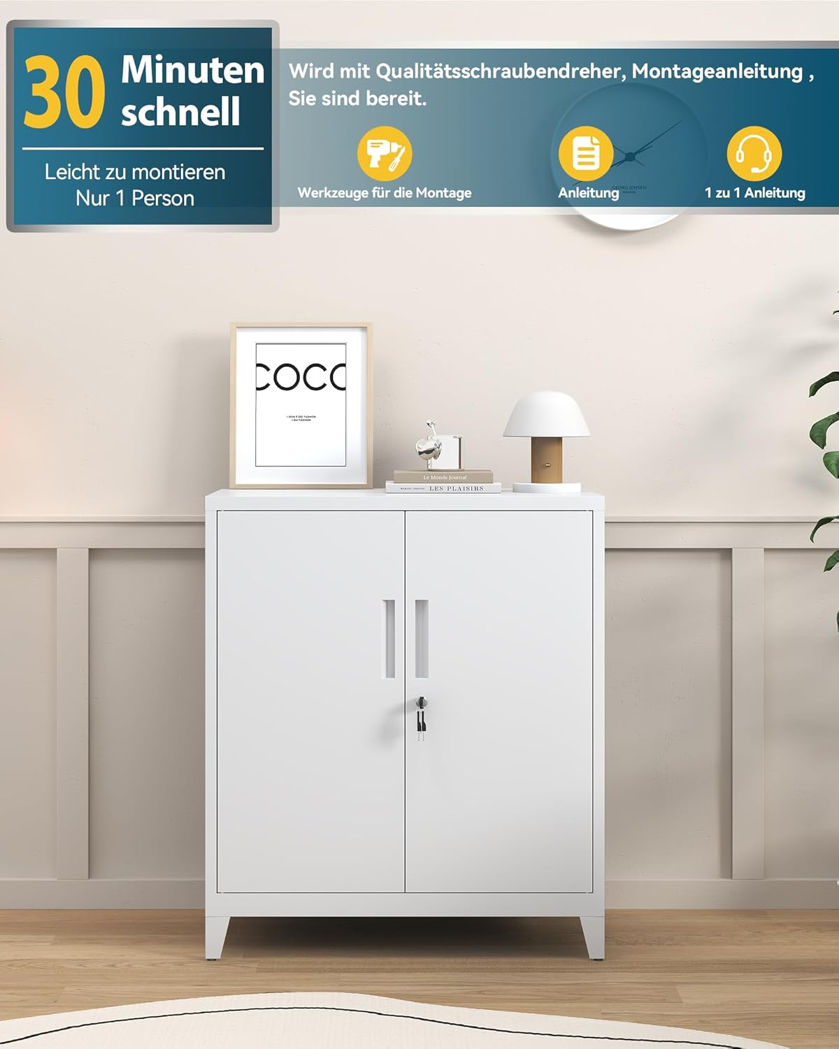 Dossierkast, afsluitbare garagekast, 2 niveaus, bureaukast, werkplaatskast met verstelbare planken, voor kantoor, garage en bijkeuken, 40 x 80 x 100 cm, wit