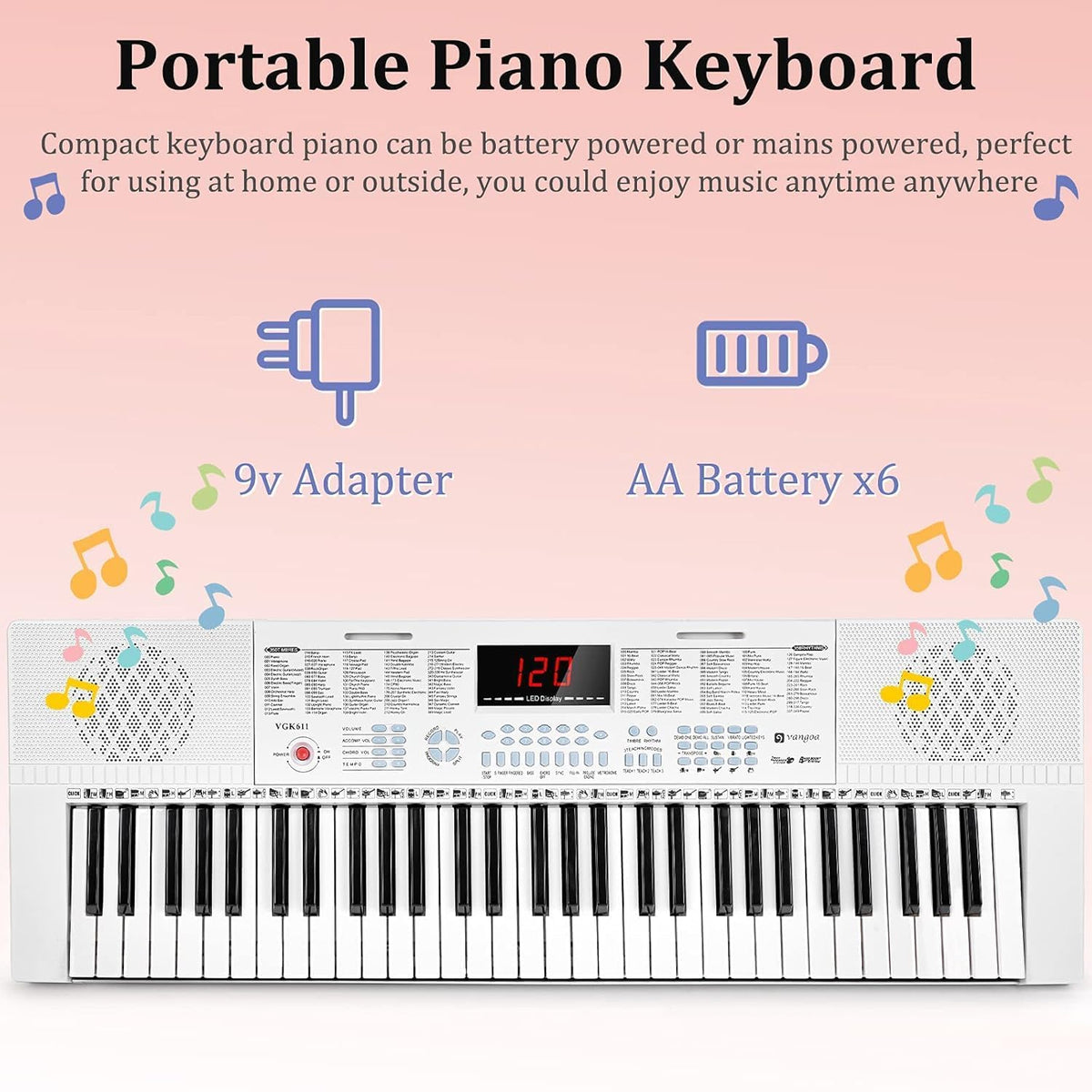 Elektronisch pianotoetsenbord – Keyboard – Elektrische piano – Digitale piano – Pianokeyboard – Wit – 61 Verlichte Toetsen – 350 Klankkleuren En 350 Ritmes