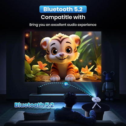 Mini Projector met Statief 1080p Ondersteuning WiFi Bluetooth Draagbare Projector, Compatibel met Smartphone, HDMI, USB, TV Stick, Thuis Buiten Slaapkamer Projector,wit