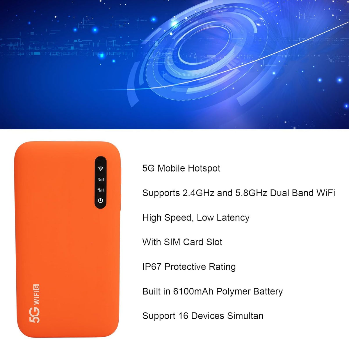 5G WiFi6 Mobiele Hotspot-router, Dual-band High-speed Mobiel Hotspot-apparaat met SIM-kaartsleuf en Hot-swappable Ondersteuning 16 Apparaten 6100 MAh Draagbaar WiFi-apparaat