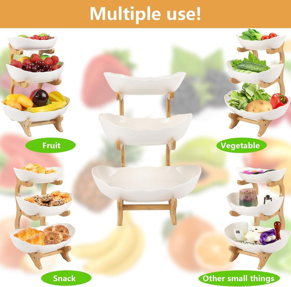 Keramische fruitetagère met 3 etages, ruimtebesparende fruitmand, etagère voor het gezin, stabiel en zonder te trillen, standaard, voor groenten, fruit, snacks