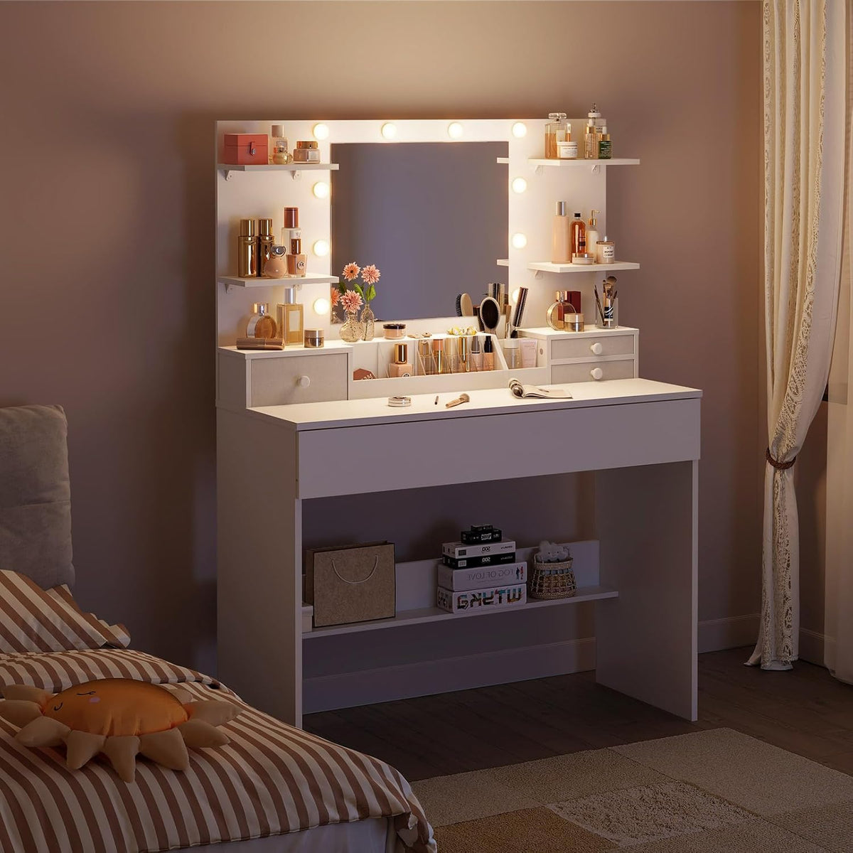 Make-up Tafel – Make-up Bureau – Toiletspiegel – Beautytafel – Schoonheidstafel – LED Spiegel met 10 Dimbare Lampen – 3 Kleuren & 9 Helderheidsniveaus – Laden en Gezoneerde Opslag – Wit 100x40x136 cm