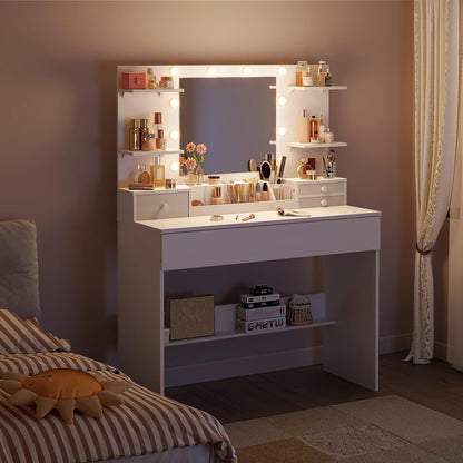 Make-up Tafel – Make-up Bureau – Toiletspiegel – Beautytafel – Schoonheidstafel – LED Spiegel met 10 Dimbare Lampen – 3 Kleuren & 9 Helderheidsniveaus – Laden en Gezoneerde Opslag – Wit 100x40x136 cm