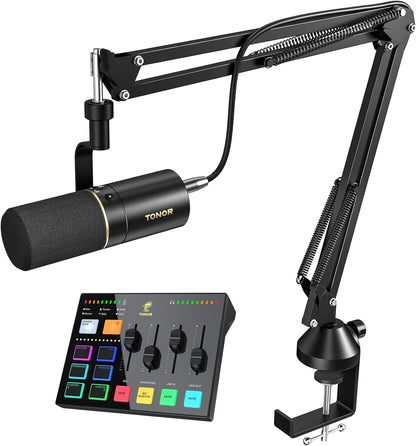 TONOR Podcast-apparatuurpakket, audiomixer met dynamische microfoon of boommicrofoon, XLR-microfoon met studio-audio-interface, alles-in-één pakket voor podcasting, streaming, opnemen, E7