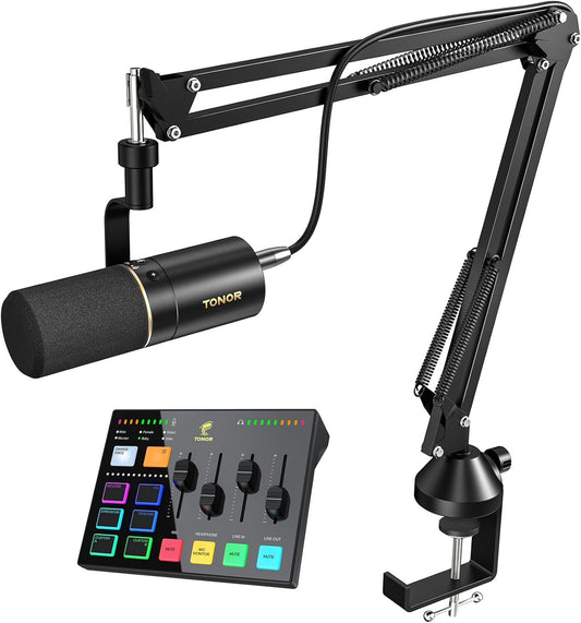 TONOR Podcast-apparatuurpakket, audiomixer met dynamische microfoon of boommicrofoon, XLR-microfoon met studio-audio-interface, alles-in-één pakket voor podcasting, streaming, opnemen, E7