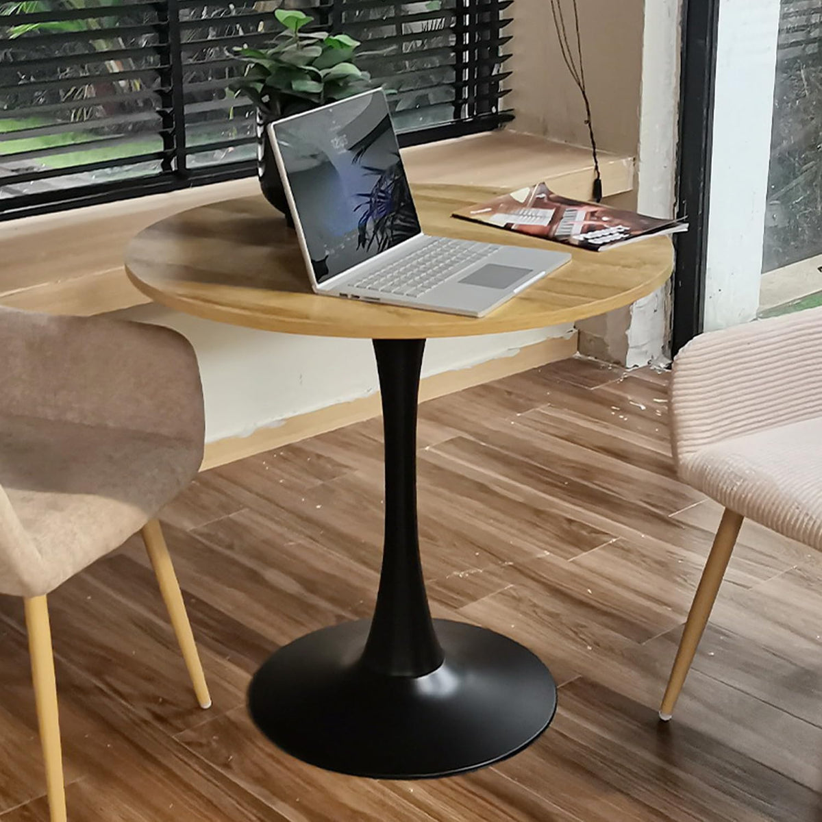 MEUBLE COSY Ronde eettafel voor keuken, woonkamer, kantoor, retrostijl, voor 2-4 personen, metalen frame, eiken + zwart, 80 x 80 x 75 cm