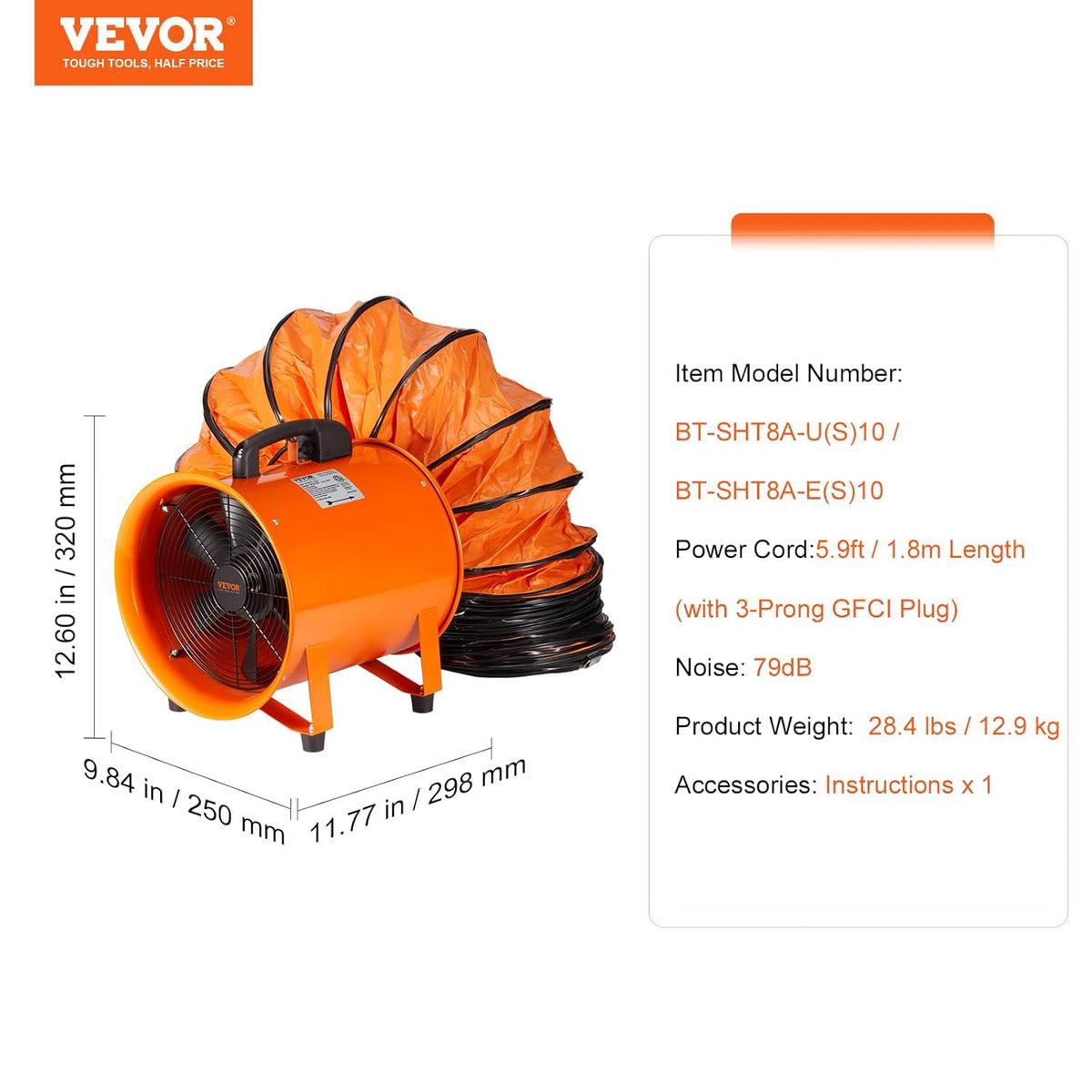 VEVOR Construction fan, 145 W AC motor, construction fan, 2900 rpm, 1020 CFM (1733 m3/h), axial fan with 8 m hose, axial fan, 79 dB, noise level, industrial fan
