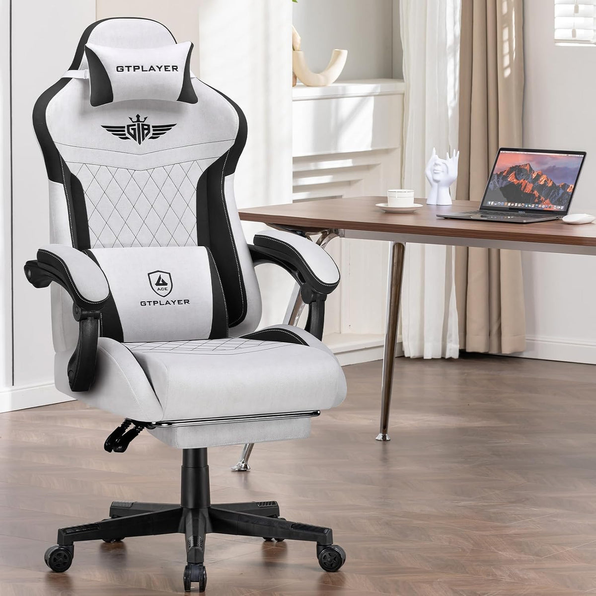 GTPLAYER Ergonomic Gaming Chair, Technical Fabric, with Lumbar Support, Computer Chair with Extended Backrest, Supports up to 150 kg, Grey - QUORE