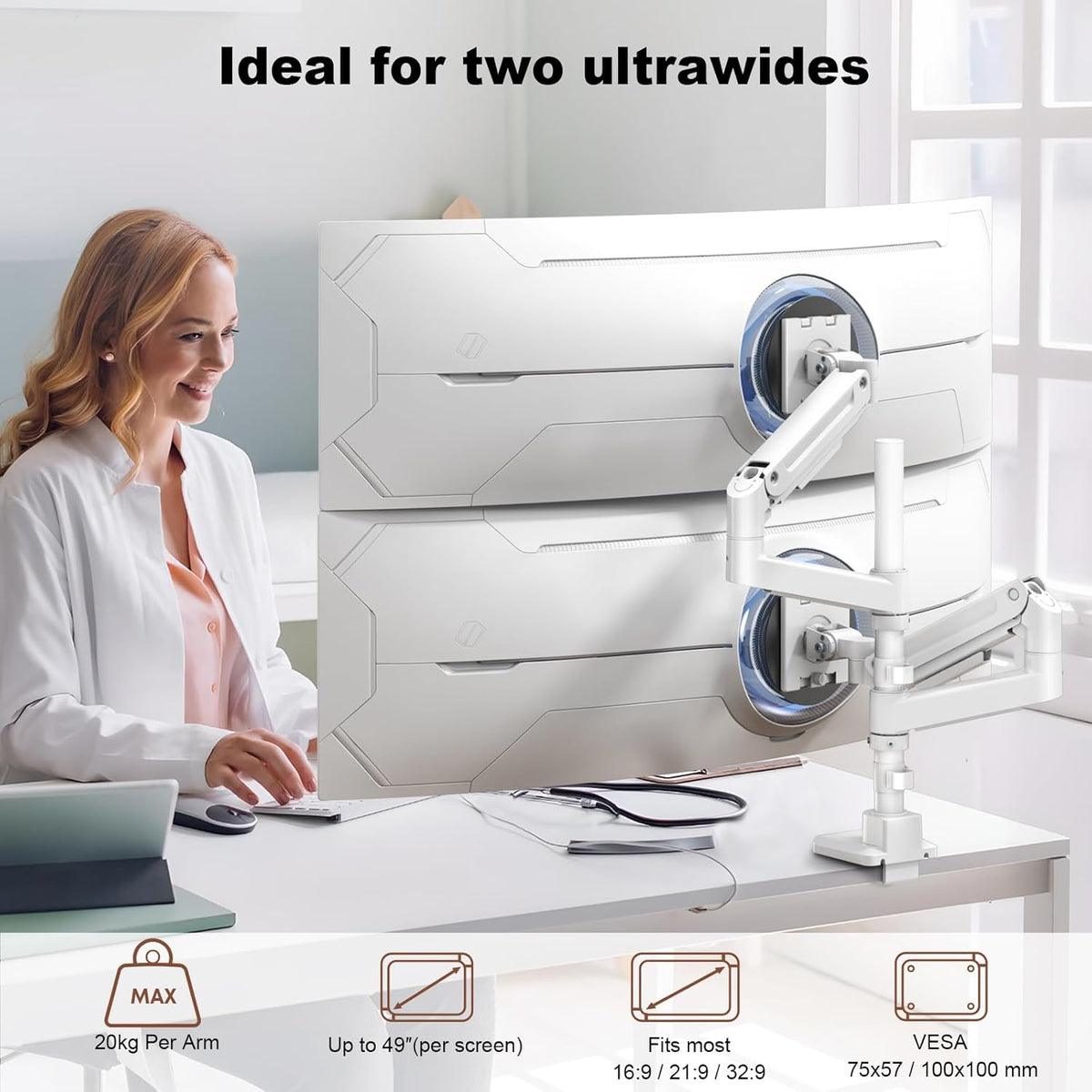 PUTORSEN Monitorhouder 2 monitoren voor 17 tot 49 inch schermen tot 20 kg per arm, extra lange tafelhouder, in hoogte verstelbaar, draaibaar voor optimale ergonomie, VESA 75/100 mm