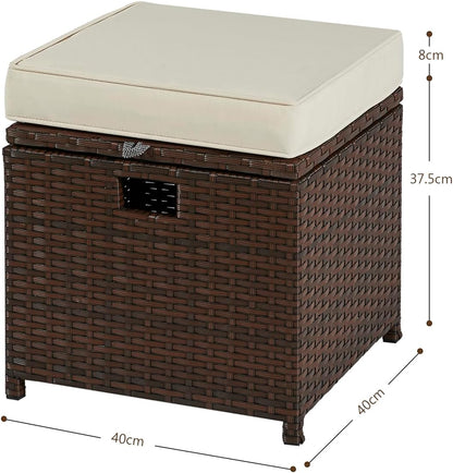 YIYAN 2 stuks terrasvoetenbankjes voor buiten, PE-rotan voetenbank met opbergruimte, voor alle weersomstandigheden, outdoor, voetensteun met afneembaar kussen (wit)