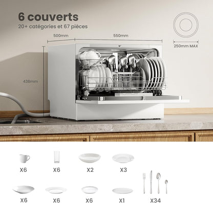 COMFEE TD602E-W Compacte vrijstaande vaatwasser, led-display, 6,5 liter, wit, geluidsniveau: 47 dB