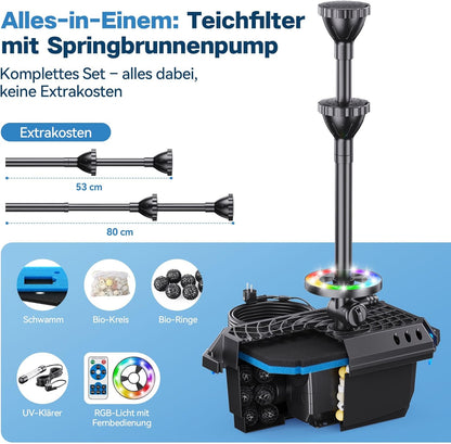 Biling Vijverfilter met uv-zuiveraar en RGB-verlichting, 40 W, 2500 l/u, vijverpomp, pomp met 3 fonteinen, stille vijverfilterpomp voor maximaal 3000 liter tuinvijvers, siervisvijvers, kikkers
