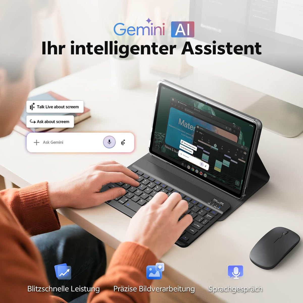 Tablet 11 inch met hoesje, Android 16-systeem met Gemini AI, 20 GB RAM + 128 GB ROM (uitbreidbaar tot 1 TB), 90 Hz-scherm, Unisoc T7250 Octa Core, 13 MP + 8 MP camera, Face ID, Widevine L1, 8800 mAh